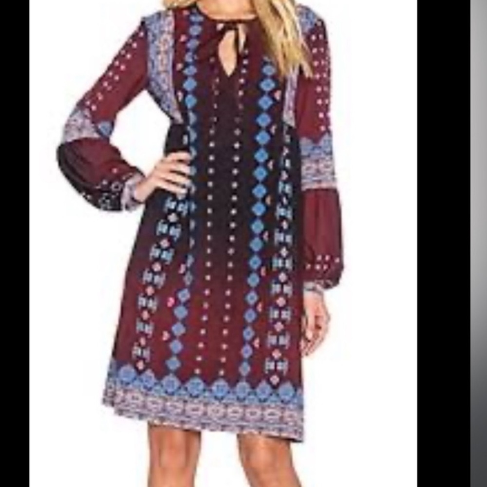 Clover Canyon Boho print Ombré midi peasant dress Sz S Burgundy blue tan